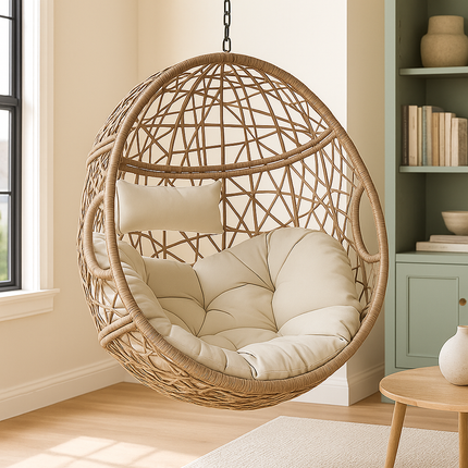 DunePod Wabi-Sabi Japandi Cocoon Swing Chair – Organic Weave Comfort for Balcony, Garden & Living Room
