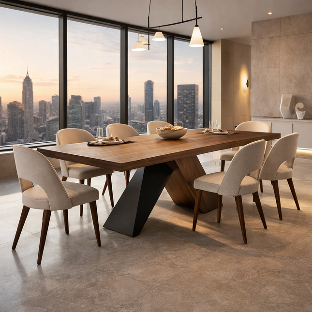 Marvello Solid Wood Dining Table Modern Contemporary Design with Sculptural Wooden Base for Formal Dining Room