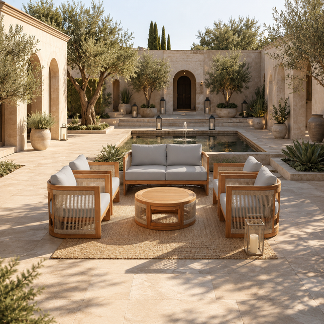 Sundrift Haven Teak Wood & Rope Outdoor Sofa Set, Japandi Patio Conversation Set for Garden, Terrace, Porch, Poolside & Lawn