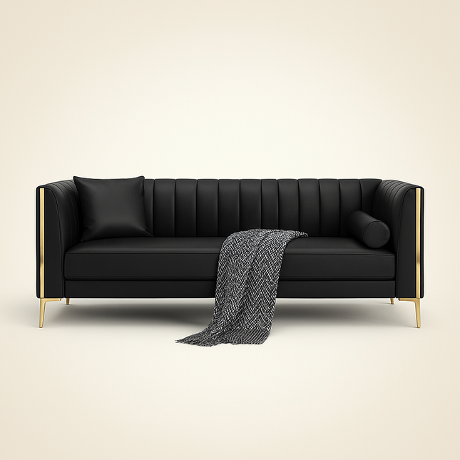 Jakarta 78" Sofa- 3 Seater Modern Leather Tufted Couch with Golden Legs & Armrests for Home or Office - Uber Decor