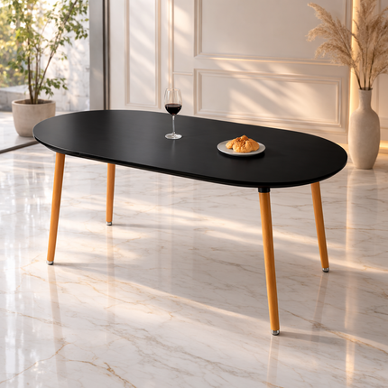 Nordelle Oval Dining Table Scandinavian Mid Century Modern Japandi Design Black Tabletop with Wooden Tapered Legs Dining Table for Dining Room