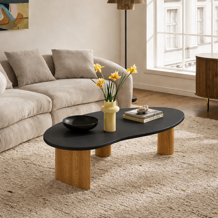 Tangon Wabi-Sabi Mid-Century Japandi Coffee Table – Organic Freeform Wooden Top Block Legs for Living Room