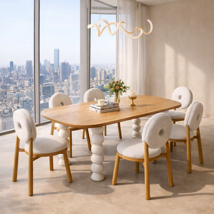 Nora Sphere Oval Dining Table Contemporary Scandinavian Design Natural Premium Wooden Top with White Ball Legs Ideal for Dining Room