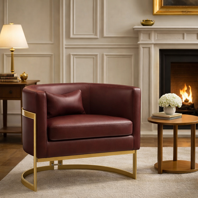Evelise Modern Upholstered Curved U-Back Accent Arm Chair with Gold Metal Base - Uber Decor