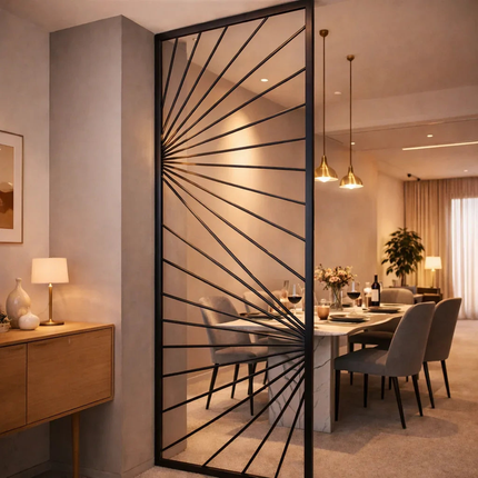 RAYEN Stainless Steel Directional Room Divider With Radiating Line Design For Living Room Dining Area And Contemporary Interior Spaces