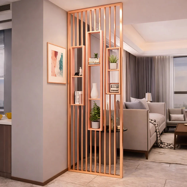 ELION Stainless Steel Vertical Slat Room Partition Divider With Open Display Shelves For Living Room And Home Office