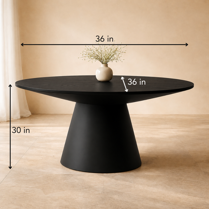 Orren Form Round Dining Table – In Stock, Black Veneer Top & Black Matte Modern Japandi Conical Base