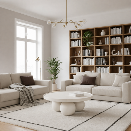 Bandama round solid wood coffee table with ball base mid century modern Japandi design for reading lounge and library seating space