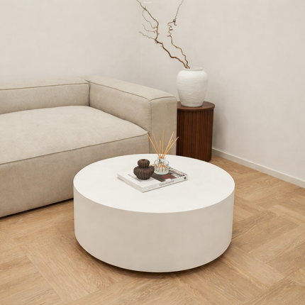 Isar Coffee Table Modern Minimal Contemporary Designer Center Table Custom Finish Smooth Drum Table for Chic Studio Space