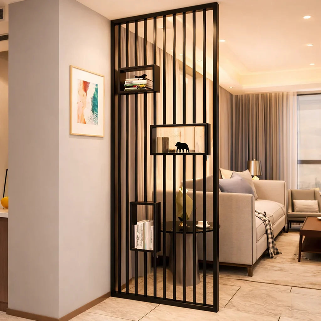 AMAYA Stainless Steel Vertical Slat Room Divider Room Partition With Display Shelves For Living Room Dining Area And Study Room