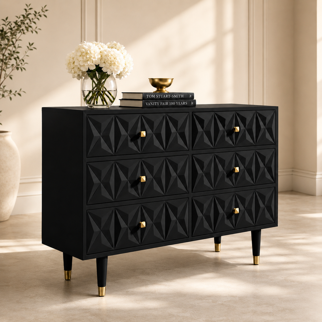 Sierra Luxe 6-Drawer Mid-Century Modern Geometric Cabinet with Tapered Legs for Bedroom, Living Room & Entryway