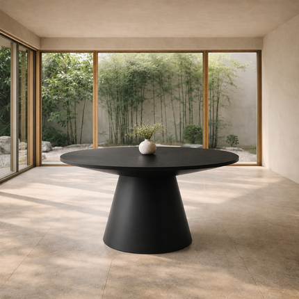 Orren Form Round Dining Table – In Stock, Black Veneer Top & Black Matte Modern Japandi Conical Base