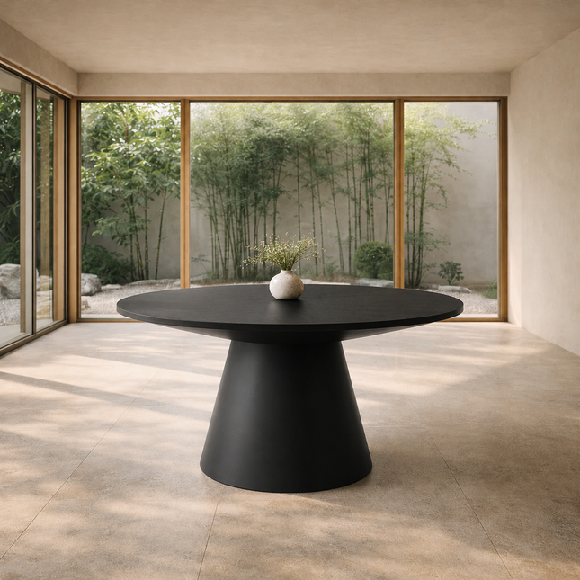 Orren Form Round Dining Table – In Stock, Black Veneer Top & Black Matte Modern Japandi Conical Base