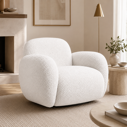 Varina White Fuzzy Boucle 360 Swivel Armchair – Ready to Dispatch Modern Lounge Chair