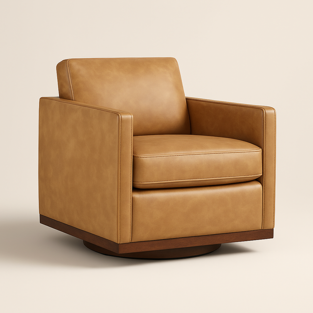 Lirene Accent Chair- Square Shaped Wide Base 360 Revolving Swivel Base Leather Arm Chair for Office or Home - Uber Decor