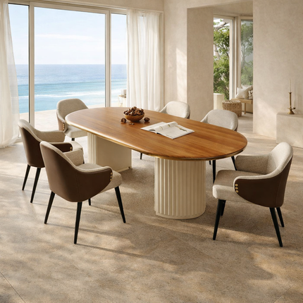 Oakridge Oval Dining Table Scandinavian Japandi Mid Century Modern Design Wooden Top Fluted Pedestal Base Dining Table for Dining Room