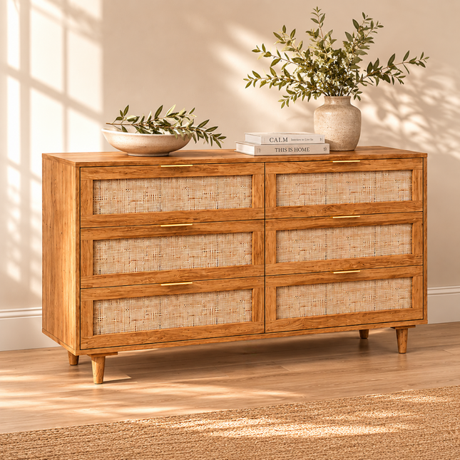 Bayshore 6-Drawer Scandinavian Rattan Front Solid Wood Cabinet with Natural Polish & Custom Finish Options for Bedroom, Living Room & Entryway