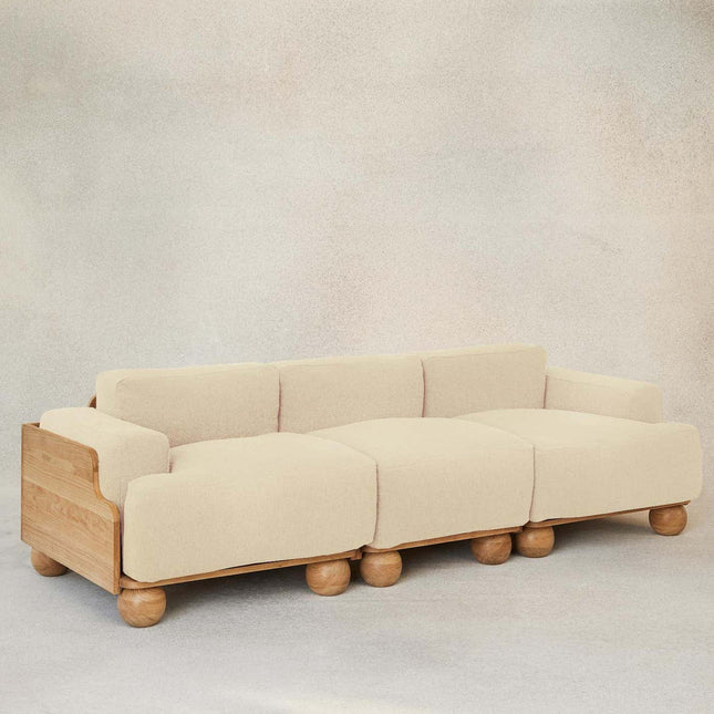 Medford 3-Seater Sculptural Sofa Modern Wooden Base Couch with Oversized Sphere Legs