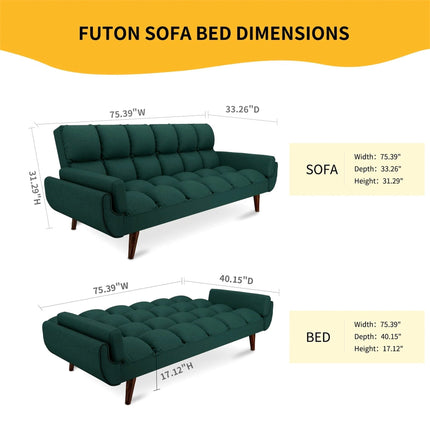Tangier 75" Futon Sofa- Flared Arm Futon Convertible Sleeper Sofa Bed for Small Home or Office - Uber Decor