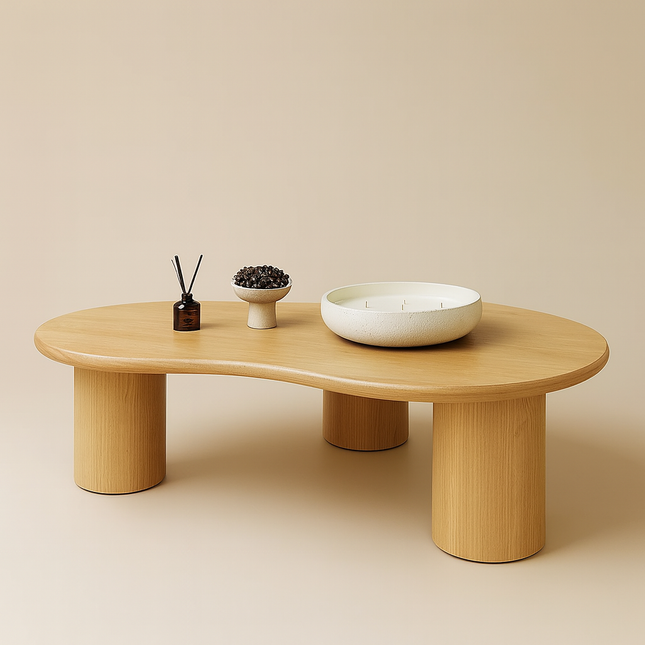 Amur Organic Mid Century Japandi Freeform Coffee Table with Solid Wood Top Cylindrical Legs and Natural Matte Finish - Uber Decor