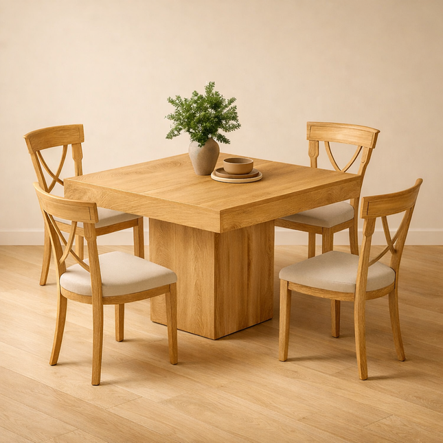 Liron Axis Solid Wood Dining Table in Natural Wood Finish with Central Pedestal Base and Square Top for Modern and Compact Interiors