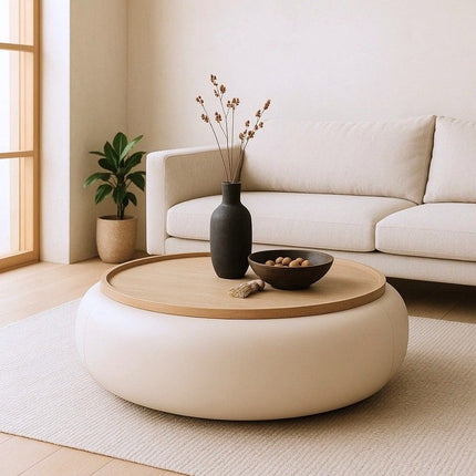 Lufira upholstered round coffee table with solid wood tray top low profile modern center table for lounge space and cozy interiors