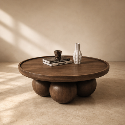Bandama round solid wood coffee table with ball base mid century modern Japandi design for reading lounge and library seating space