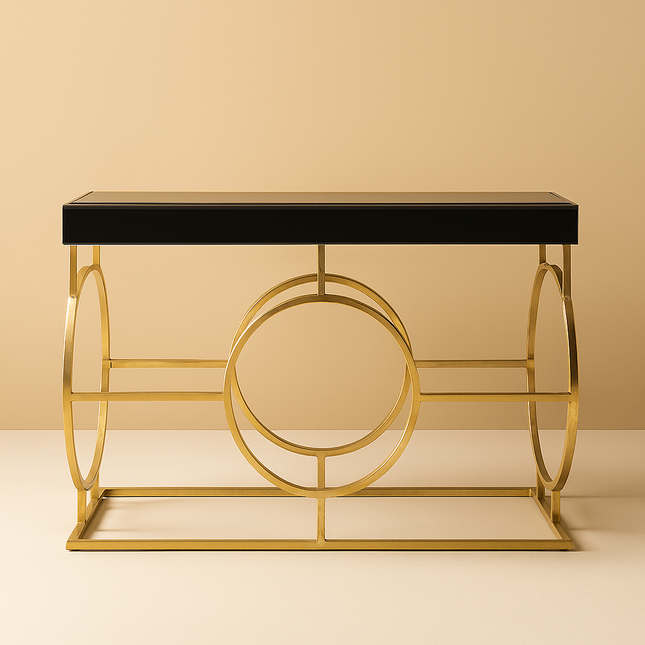 Obsidian Halo Display Table – Black Glass Top with Gold Ring‑Frame Base for Hallway, Entryway & Living Room - Uber Decor