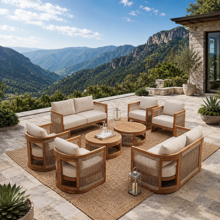 Sundrift Haven Teak Wood & Rope Outdoor Sofa Set, Japandi Patio Conversation Set for Garden, Terrace, Porch, Poolside & Lawn