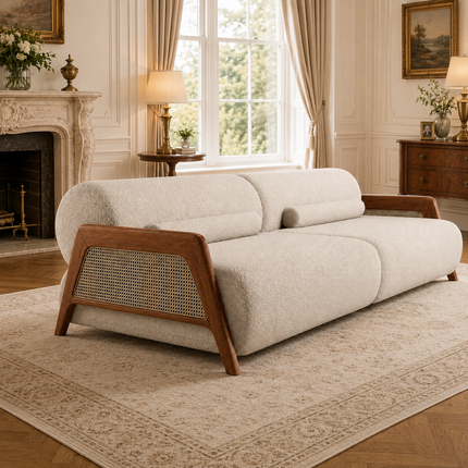 Catania Luxury Japandi Sofa with Cane Accent Armrests Customisable Minimalist Designer Couch for Boutique Interiors