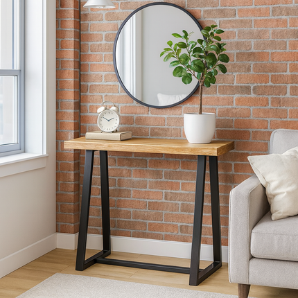Terra Beam Display Table – Natural Wood Top & Black Metal Angled Base for Entryway & Living Spaces - Uber Decor