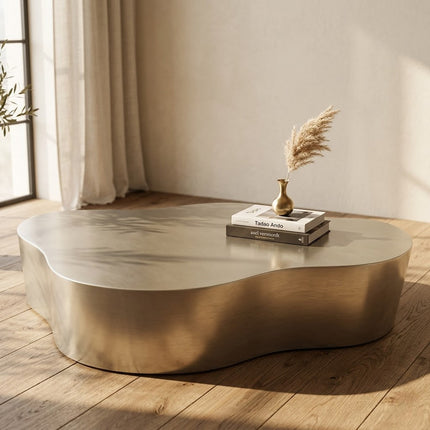 Selenga sculptural coffee table for modern lounge spaces inspired by contemporary European design with premium metal form and refined polish