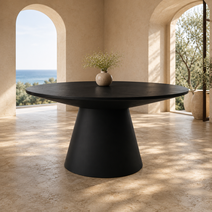 Orren Form Round Dining Table – In Stock, Black Veneer Top & Black Matte Modern Japandi Conical Base