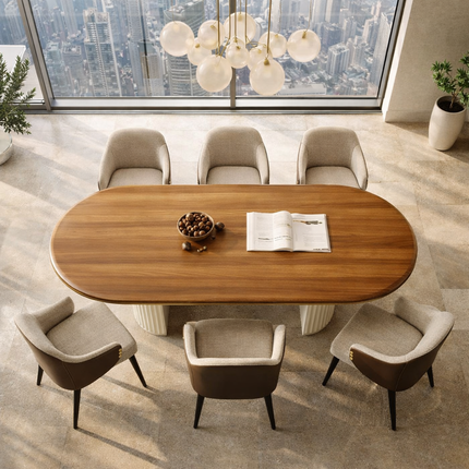 Oakridge Oval Dining Table Scandinavian Japandi Mid Century Modern Design Wooden Top Fluted Pedestal Base Dining Table for Dining Room