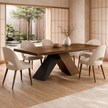 Marvello Solid Wood Dining Table Modern Contemporary Design with Sculptural Wooden Base for Formal Dining Room