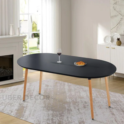 Nordelle Oval Dining Table Scandinavian Mid Century Modern Japandi Design Black Tabletop with Wooden Tapered Legs Dining Table for Dining Room