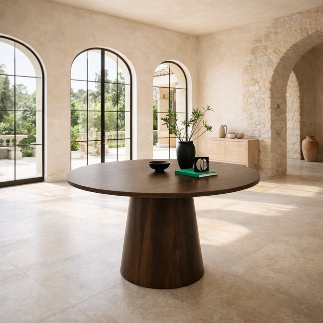 Brindlewood Round Dining Table Mid Century Modern Scandinavian Japandi Design Solid Wood Finish Pedestal Base Dining Table for Dining Room