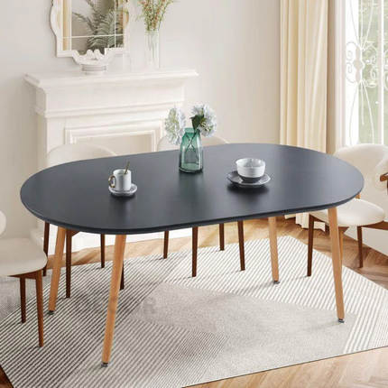Nordelle Oval Dining Table Scandinavian Mid Century Modern Japandi Design Black Tabletop with Wooden Tapered Legs Dining Table for Dining Room