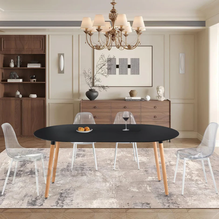 Nordelle Oval Dining Table Scandinavian Mid Century Modern Japandi Design Black Tabletop with Wooden Tapered Legs Dining Table for Dining Room