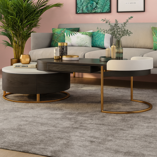 Churchill River Modern European Wood and White Center Table with Storage and Gold Accents for Living Room - Uber Decor