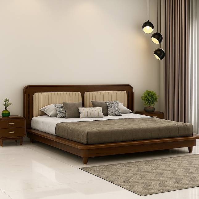 SheeshamNest Contemporary Modern Upholstered Platform Customisable Bed for Minimalist Bedroom - Uber Decor