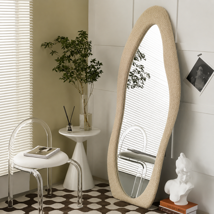 Modern Wavy Edge 5 ft Boucle Standing Mirror – Ready to Ship Beige Full Length Mirror