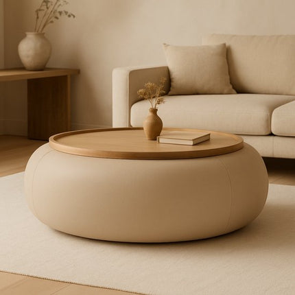 Lufira upholstered round coffee table with solid wood tray top low profile modern center table for lounge space and cozy interiors