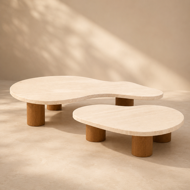 Beni Wabi-Sabi River Flow Japandi Coffee Table Set – Organic European Freeform Wooden Center Tables for Living Room