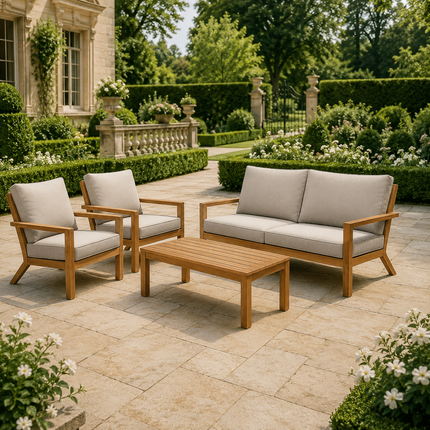 Breevara Sofa & Chair Set with Slatted Coffee Table   Modern Outdoor Seating for Decks, Balconies & Courtyard Patios