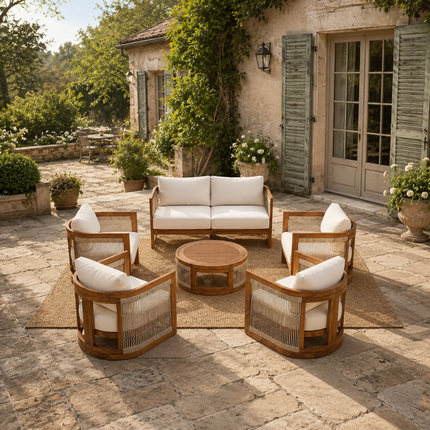 Sundrift Haven Teak Wood & Rope Outdoor Sofa Set, Japandi Patio Conversation Set for Garden, Terrace, Porch, Poolside & Lawn