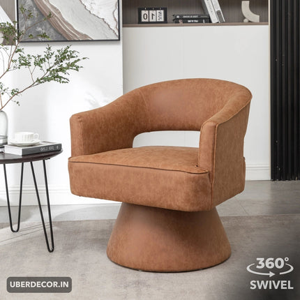 Ravelle- Modern U-Back Leather Accent Chair with Upholstered Round 360 Revolving Swivel Barrel Armchair for Living Room - Uber Decor