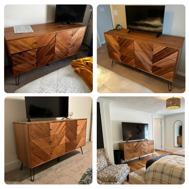 Cleo Chevron Mid Century Modern Solid Wood Chest of Drawers – Hairpin Legs Customizable Finish – Ideal for Bedroom, Living Room & Entryway