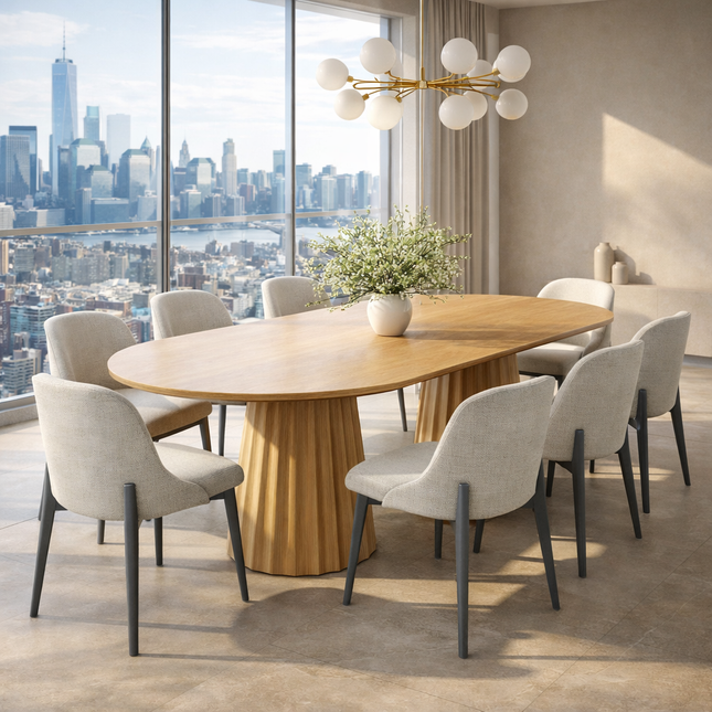 Cora Linea Oval Dining Table Modern European Design Dual Pedestal Base Ideal for Dining Room