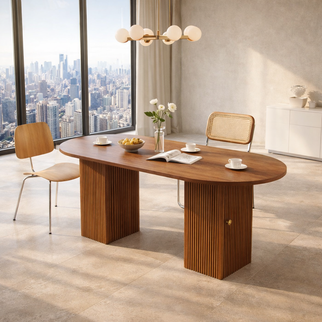 Elmspire Oval Dining Table Scandinavian Japandi Inspired Mid Century Modern Design Solid Wood Fluted Pedestal Base Ideal for Dining Room
